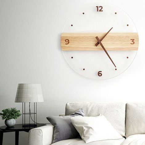 Moderne, geräuschlose, runde Acryl-Wanduhr mit dekorativer Holzplatte für Büro und Wohnzimmer