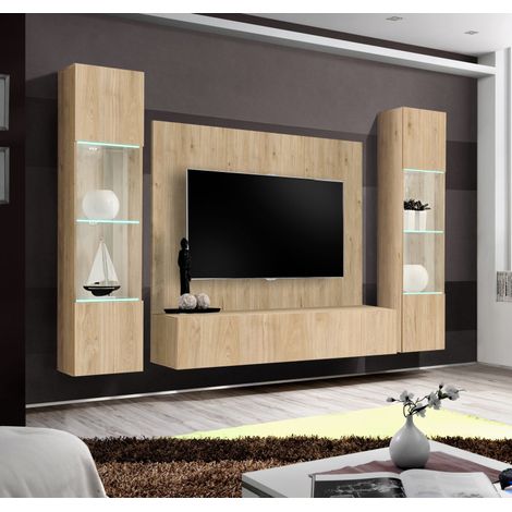 Ensemble meuble TV mural Fly A-P3 avec vitrine et éclairage LED - Bois MDF chêne Hickory Jackson - 240 x 170 x 40 cm - Livraison gratuite