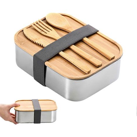 Boîte à bento en acier inoxydable, récipient en métal avec couvercle en bois et ensemble de 3 couverts. (1/3)