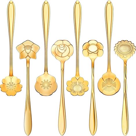 Set aus 8 Edelstahl-Kaffee-/Teelöffeln mit floralem Muster, Zuckerlöffel, Teelöffel, Rührlöffel, 8 verschiedene Muster (bunt).