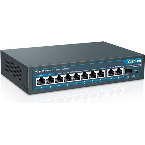 11 Ports Gigabit Switch PoE, 8 Ports PoE+ 1000Mbps, 2 Gigabit Uplink, 1 SFP Port, 120W 802.3af/at, Métal, Qos, Commutateur Ethernet de Détection AI Intelligente Plug and Play (1/5)