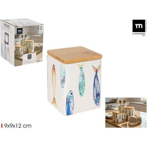 tarro cocina cuadrado 9x9x12 cms. con tapa bambu peixe lamediterranea