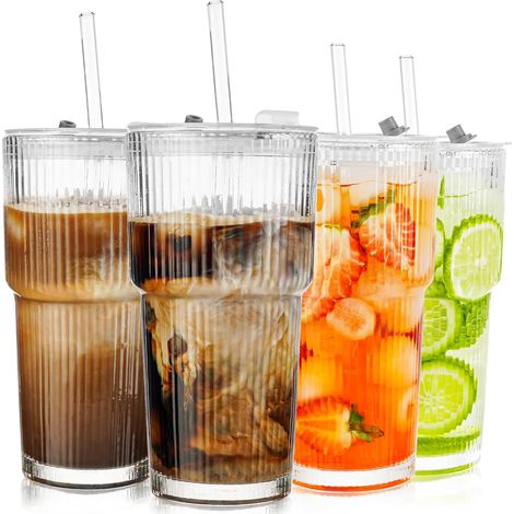 KUOGAS Lot de 2 verres à smoothie côtelés de 600 ml avec fermeture et paille, épais et robustes, en verre de haute qualité, hermétiques et étanches.