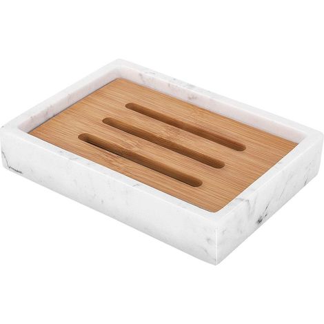 Porte-Savon en Résine, Support de Savon avec Planche de Bambou, Plateau de Rangement avec Double Couches pour Ranger Bougie, Savon dans Salle de Bain, Cuisine, et Toilettes - Blanc (1/5)