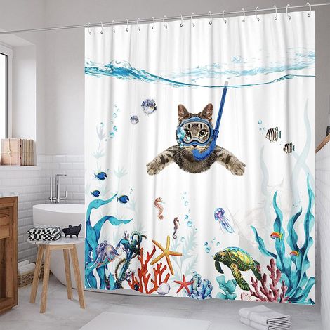 Rideau de douche bleu chat rigolo, 183 x 183 cm, ensemble de rideaux de douche en tissu imperméable bleu sarcelle avec motif animalier pieuvre, étoile de mer, tortue, ancre et poisson, décoration de s (1/5)