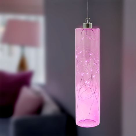 LED Glas Pendelleuchte Lavendel lila mit Timer - 24 x 6 cm - Deko Hängelampe Batterie betrieben warm weiß beleuchtet