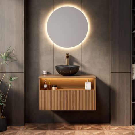 Meuble vasque suspendu minimaliste 80 cm avec vasque céramique noire, 1 tiroir et niche ouverte, chêne brun (1/5)