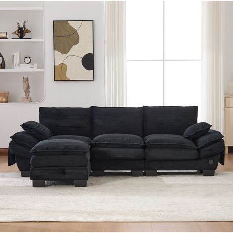 Canapé modulaire 260x132x84 cm noir en velours côtelé avec pouf, USB-C, poches latérales et rangement (1/5)