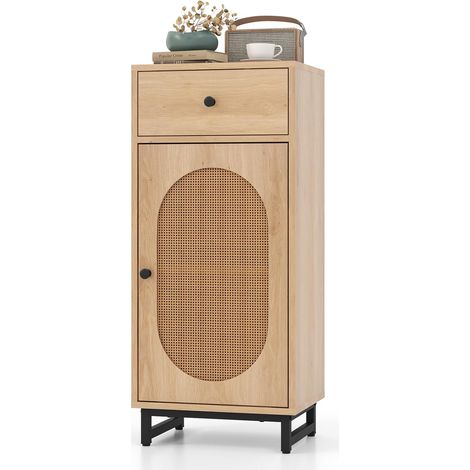 COSTWAY Mobiletto con Ripiano Regolabile su 3 Livelli, Armadietto con 1 Cassetto & 1 Anta in Rattan PE, Comodino Antiribaltamento con Piedini Regolabili, per Soggiorno & Salotto, 40 x 30 x 91 cm (1/5)