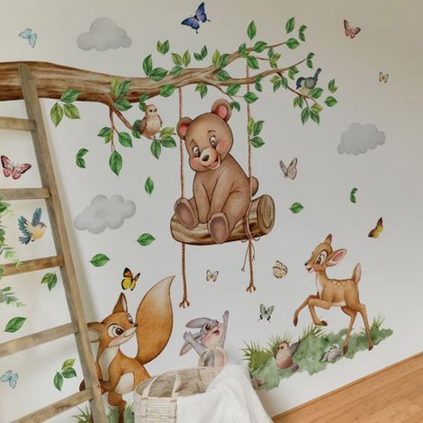 Stickers Muraux Enfants Arbre - Grand Autocollant Mural Animaux des Bois Renard Cerf Écureuil Décoration Murale Chambre Enfants Bébé (1/5)
