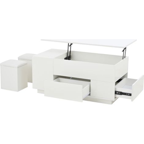 Table basse 4en1 blanche LED réglable, 2 tiroirs, 100x50x45 cm