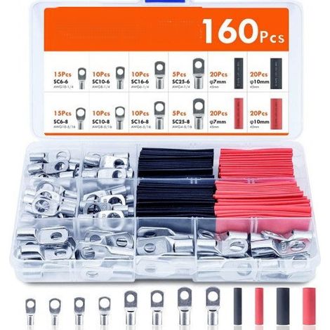 160 Stück elektrische Crimp-Kabelschuhe, 16mm²25mm²35mm² verzinnte Kabelschuhe, 80 Ringkabelschuhe und 80 Schrumpfschläuche. (1/5)