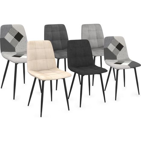 Set di 6 sedie MILA in velluto grigio scuro, grigio chiaro, beige e nero e patchwork nero, grigio e bianco x2 per la sala da pra (1/5)