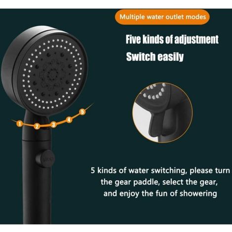 Pommeau de douche économique 5 modes réglable, arrêt à un bouton, haute pression universel pour salle de bain, noir (1/4)