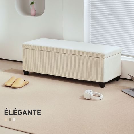 Banc rangement bout de lit velours côtelé couvercle salon chambre entrée 112x42x40 cm beige