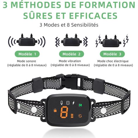 Collier de dressage pour chien étanche avec 3 modes et 8 niveaux de sensibilité réglables, collier anti-aboiement rechargeable par USB-C pour chiens de toutes tailles