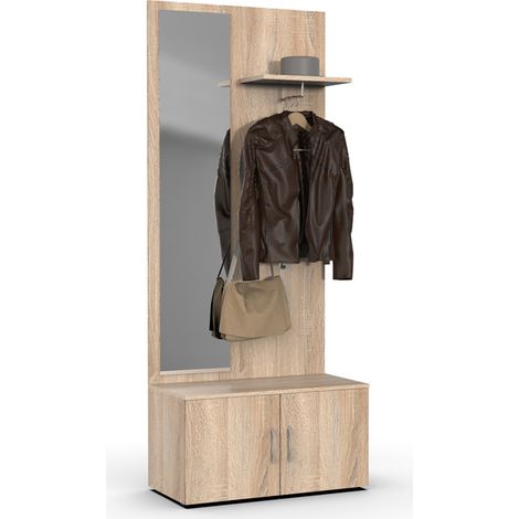Vestiaire mural en bois mélaminé coloris imitation chêne + miroir - longueur 80 x hauteur 185 x profondeur 40 cm
