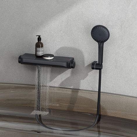 doporro Columna de Ducha con Cartucho Cerámico, Temperatura Constante con Plataforma de Almacenamiento y , 3 Modos de Rocío, Cuerpo de Cobre Macizo, Acabado Negro Mate, Duschsystem8 (1/5)