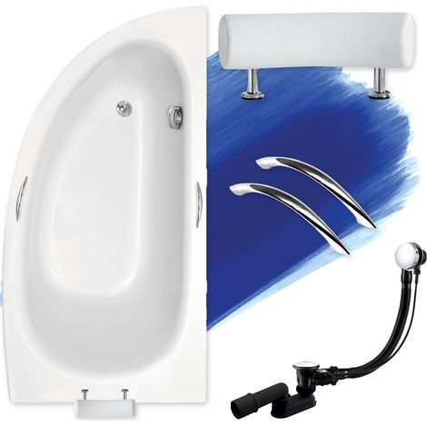Baignoire Bain d'angle 150x70 Droite + poignée + appui-tête, Siphon de bain et pieds (support) - Set 5en1 - Fabriqué en UE - BADLAND MILENA PREMIUM