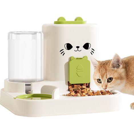 Distributeur automatique pour nourriture (1,6 litre) et eau (0,6 litre), adapté aux chats adultes, aux chatons et aux chiots (vert). (1/5)
