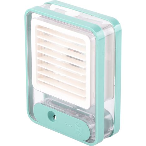 Wiederaufladbarer, leiser USB-Tischventilator mit 3 Geschwindigkeitsstufen, Wassersprühfunktion und Nachtlicht für Schlafzimmer, Büro und Reisen – Grün (1/5)