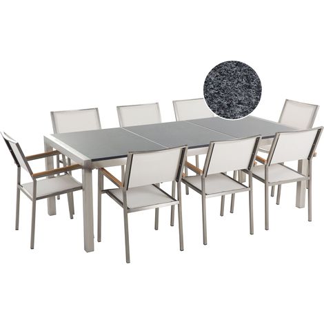 Conjunto de comedor de jardín blanco con mesa 220 x 100 cm de granito gris 8 sillas de ratán Grosseto