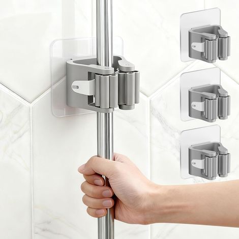 3er-Set Wandhaken – Selbstklebend, kein Bohren erforderlich – Wasserfest – Zur Aufbewahrung von Besen und Mopp – Platzsparend – Grau – 8 x 5 x 4 cm (1/5)