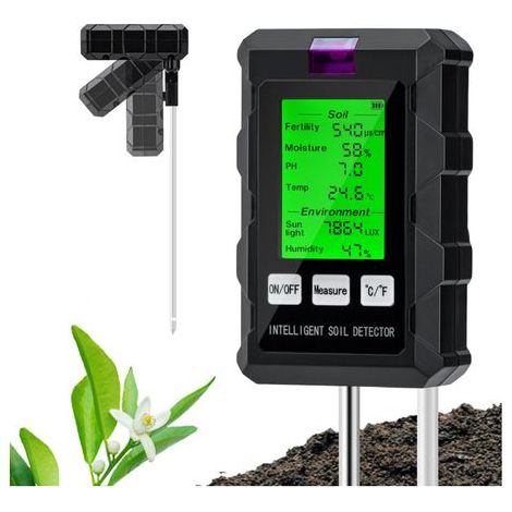 Testeur de pH du Sol 6 en 1, Testeur pour Humidité/Fertilité/pH/Température/Lumière/Humidité Ambiante (1/5)