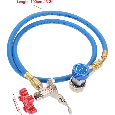 Flexible de recharge R134a, tuyau de gaz avec raccord pour canettes, adapté pour R502, R-12 et R-22. (1/5)