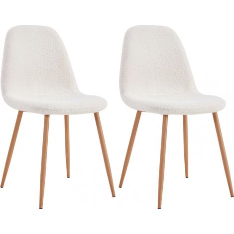 Altobuy – Lot de 2 chaises blanches en tissu bouclettes – Structure en contreplaqué – Piètement métal – Hauteur d'assise 47cm – Dimensions 50x44xH86cm (1/5)