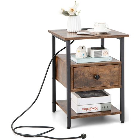 COSTWAY 3-Tier Nightstand Bedside Sofa Side Tables w/ Charging Station (1/5)