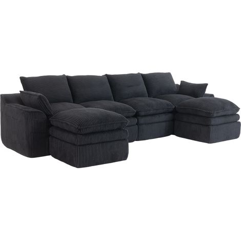 ELVMI Canapé Modulaire 4 Places avec Poches Latérales et Coussins, en Corduroy, Noir (1/5)