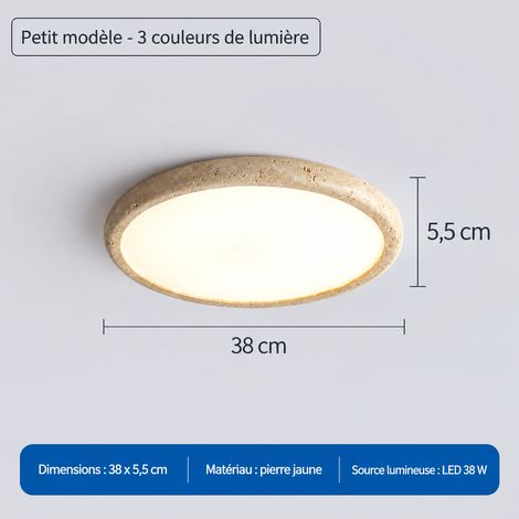 Plafonnier LED travertin jaune et bois wabi-sabi, 38 cm - lumière 3 couleurs, IRC 80-90, 3 kg – Livraison gratuite
