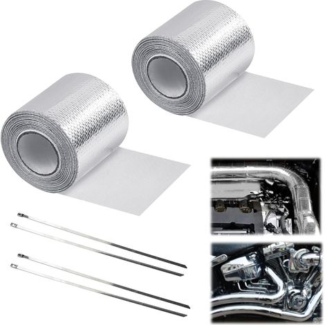 Cinta aislante térmica para escape, 2 piezas recortables, 5 m x 5 cm, para colector de escape de motocicleta, color plata. (1/5)