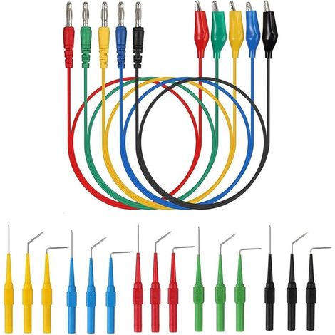 Kit de 20 cables de prueba, 5 colores, puntas multímetro, conectores banana 4 mm, pinzas cocodrilo (multímetro automotriz)