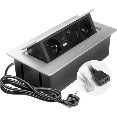 GTV – Presa da incasso MULTISOFT alluminio con 2 prese con messa a terra, USB A+C, RJ45, HDMI 2.0, retrattile con copertura, cavo da 1,5 m, ideale per cucina, ufficio o tavolo da conferenza (1/2)
