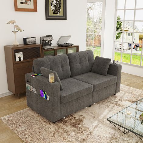Canapé 2 places en chenille grise 172x75x82 cm avec tiroirs de rangement, ports USB, porte-gobelets et poches latérales (1/5)