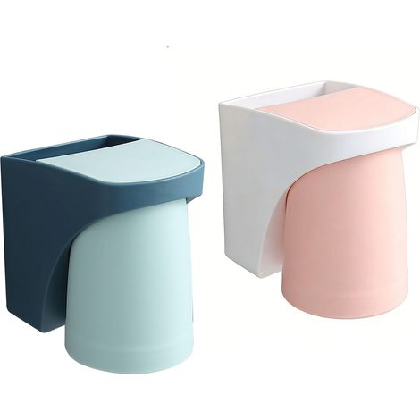 Porte-Brosses à Dents Muraux 2 Pièces sans Perçage - Support avec 2 Tasses Magnétiques pour Brosse à Dents Électrique, Set Familial pour Salle de Bain (Bleu+Rose) (1/5)
