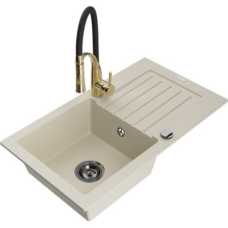 Mexen Pablo Granitspüle 1-Kammer mit Abtropffläche und Küchenarmatur Aster, beige - 6510-69-73450-57-B (1/5)