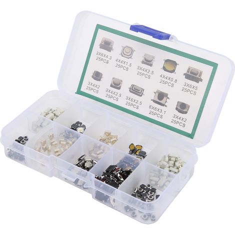 250 Stück taktile Drucktaster, 10 verschiedene Mikroschalter-Sets für elektronische DIY-Produkte (1/5)