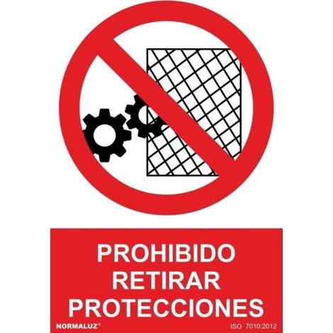 Señal de Prohibido retirar protecciones, texto y pictograma con tintas UV SEKURECO                         100 x 150 mm                          ADHESIVOS DE VINILO (1/2)