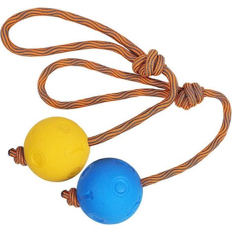 Lot de 2 balles pour chien avec corde, balle en caoutchouc résistant et durable sur une corde, idéale pour ramasser, attraper, lancer et tirer sur une corde (7 cm, bleu + jaune) (1/5)