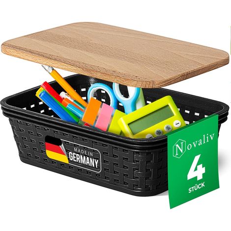 Novaliv lot de 4 paniers de rangement élégants avec couvercles en bois aspect rotin  Plastique alimentaire noir 1L  pour le bureau et la maison