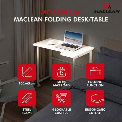 Mesa de trabajo plegable Maclean, blanca, con ruedas, 100 x 65 cm, máx. 50 kg, en ángulo, forma de L, MC-1250 L/W (1/5)