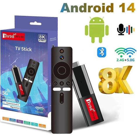 Clé TV connectée Android 14 ATV avec Wi-Fi 2,4/5 GHz et télécommande vocale - Mini boîtier TV