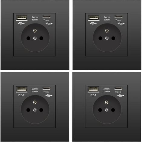Lot de 4 prises murales avec USB et Type-C, 5 V 2,1 A, Multiprise Européenne prise USB encastrée standard UE, multiprise France, 110-250 V (noir) (1/5)
