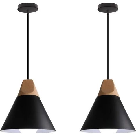 U-Do 2x Ajustable Suspension Luminaire design en Bois Vintage Lampe en Fer Noir Lustre Brillant pour Chambre Bureau Bar (1/4)