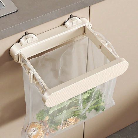 Support mural pour sac poubelle à ventouse, support suspendu pliable pour sac poubelle, organiseur d'armoire de cuisine sans perçage pour déchets alimentaires et déchets ménagers, blanc crème, 2 pièce (1/5)