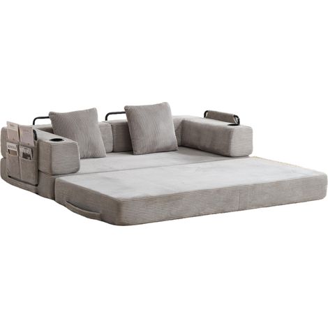 Divano letto da pavimento pieghevole in velluto a coste grigio chiaro con braccioli (1/5)