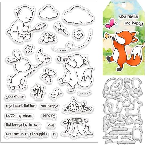 Lot de 2 tampons et matrices de découpe en forme d'animal pour la fabrication de cartes, motif lapin, papillon et poinçons de découpe en silicone, tampons en caoutchouc, motif renard, ours en (1/5)